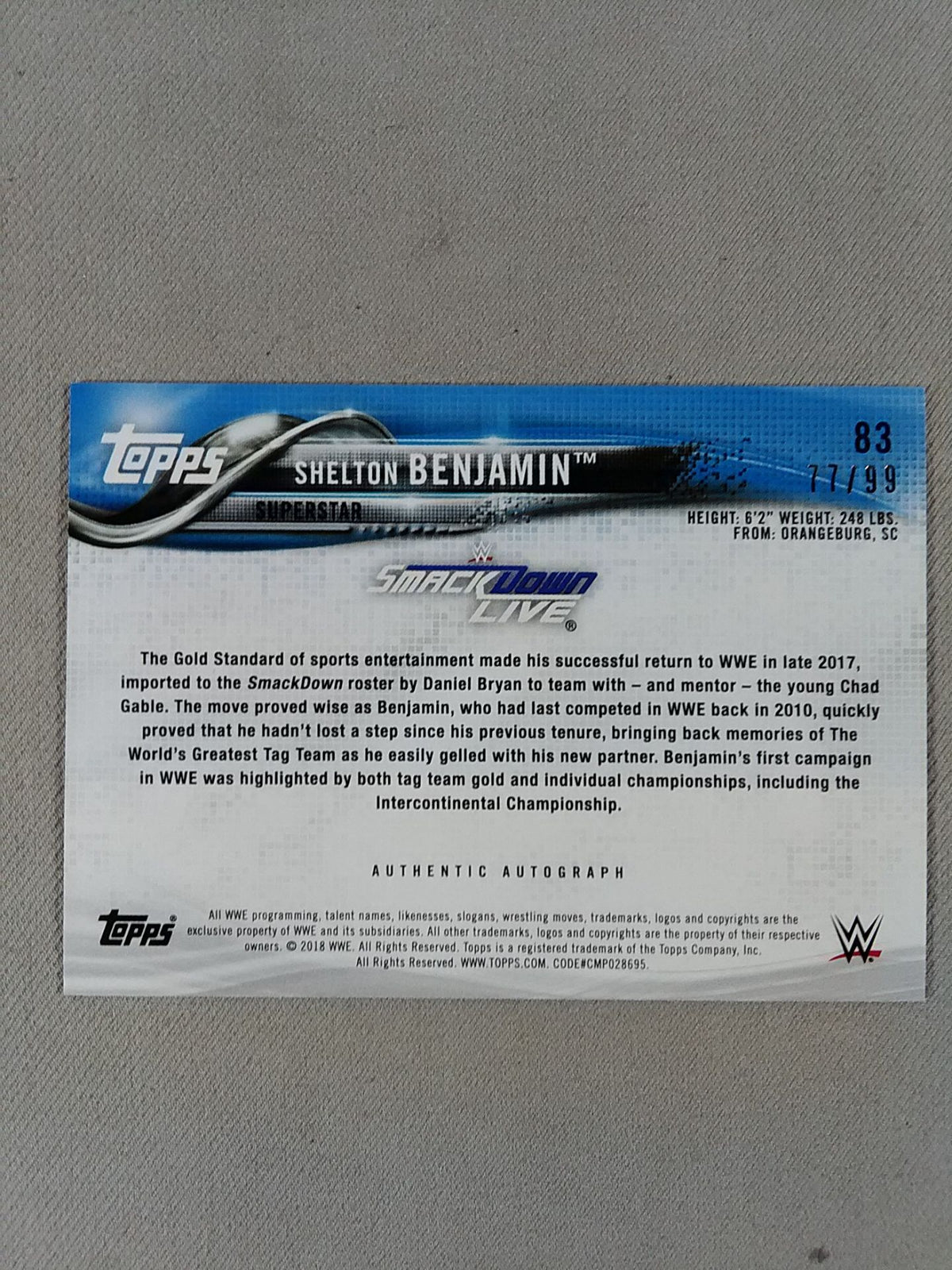 2018 WWE topps Shelton Benjamin Official autographed card