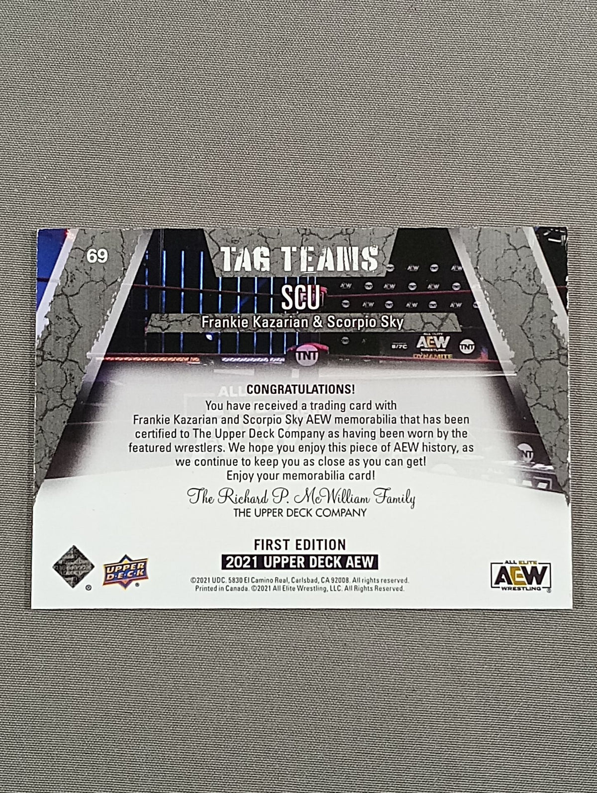 2021 AEW UPPER DECK SCU Frankie Kazarian & Scorpio Sky Official Relic Card (Costume)
