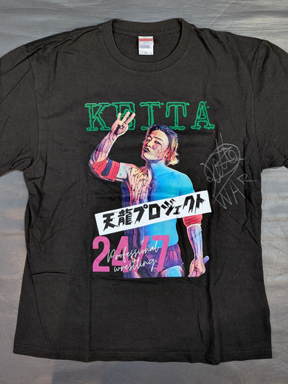 【hand signed autograph】 Keita Yano "Tenryu Project" Picture T-Shirt (1) (Black)
